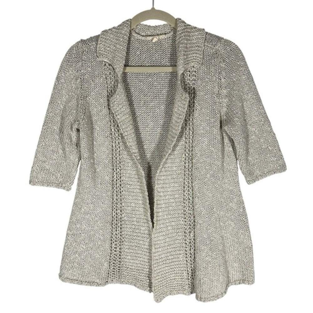 Eileen Fisher Open Cardigan Linen Blend Sz S Pointelle Collared Half Sleeve Oat - Picture 1 of 8